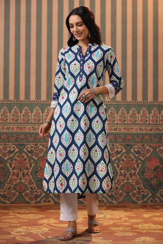 Women Blue Ethnic Motifs Printed Cotton Straight Kurta