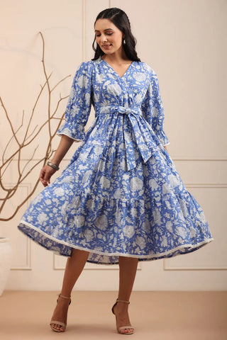 Women Blue and White Floral Fit & Flare Dress