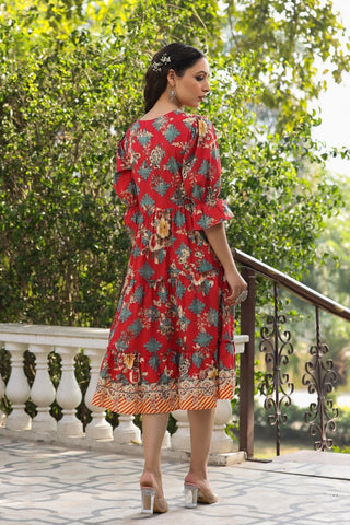 Women Red Ethnic Floral Printed Pure Cotton Knee Length A Line Midi Dress