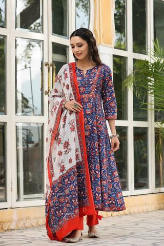 Women Navy blue Floral printed sequinned pure cotton kurta with trousers & dupatta