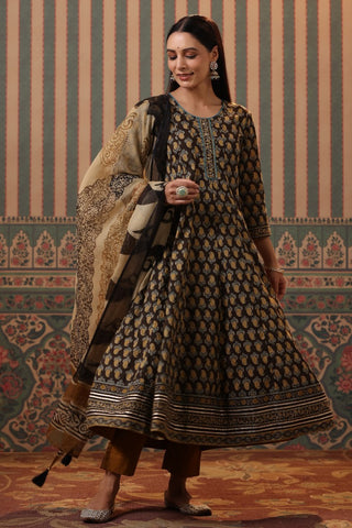 Women Mustard Paisley Printed Pure Cotton Anarkali Kurta with Trousers & Dupatta