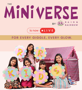 Promotional image for 'The Miniverse' by Rain & Rainbow with children holding colorful letters.