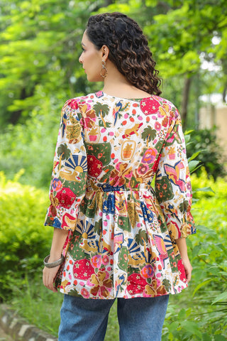 Women White Tribal Print Empire Top