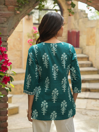 Women Teal & Off-White Printed Sequined Pure Cotton Kurti