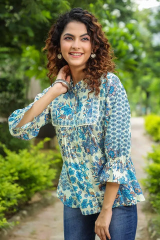 Women Blue Floral Ruffle Sleeve Top