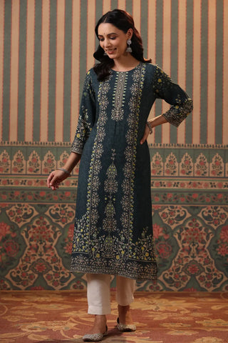 Women Teal Digital Printed Embroidery Straight Kurta