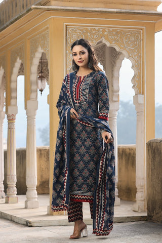 Women Blue Floral Printed Pure Cotton Kurta Set