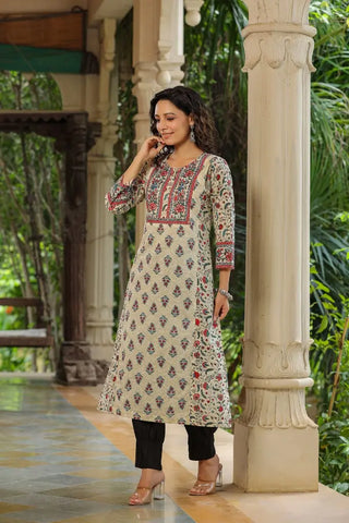 Women Cream Mix & Match Printed Panelled A-line Kurta