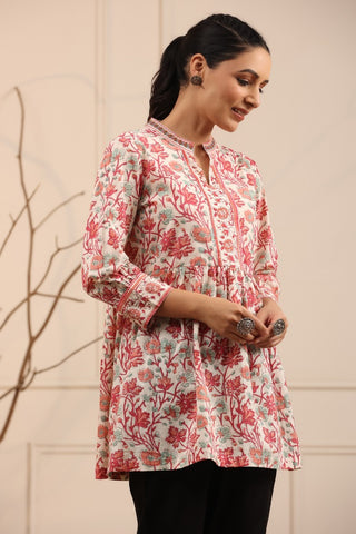 Women Cream and Pink Floral Print A-Line Kurti