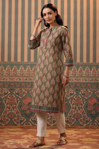 Women Green Ethnic Motifs Printed Cotton Straight Kurta