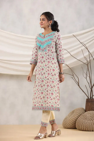 Women Cream and Pink Printed Sequinned Cotton Kurta with Trousers