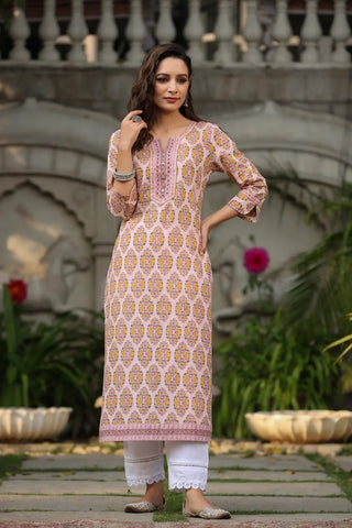 Women Pink Ethnic Motifs Printed Pure Cotton Kurta