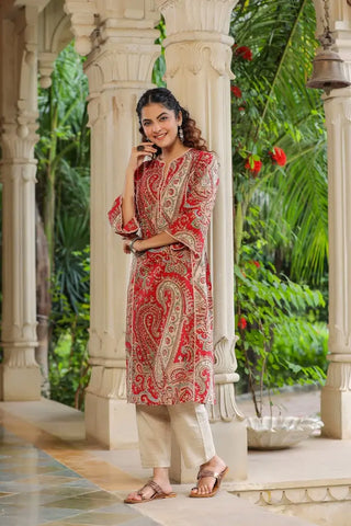 Women Red Paisley Prented Pure Cotton A-line Kurta