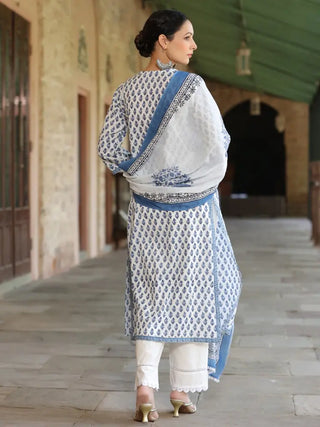 Women Blue-Coloured Ethnic Motifs Printed Sequinned Pure Cotton Kurta with Trousers And Printed Dupatta