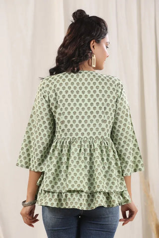 Women Green Ethnic Motifs Printed Tie-Up Neck Peplum Top