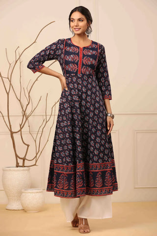 Women Navy Blue Ethnic Motifs Printed Anarkali Kurta