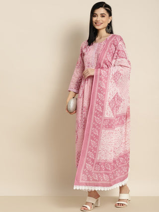 Women Peach-Coloured Ethnic Motifs Printed Sequinned Pure Cotton Kurta with Trousers