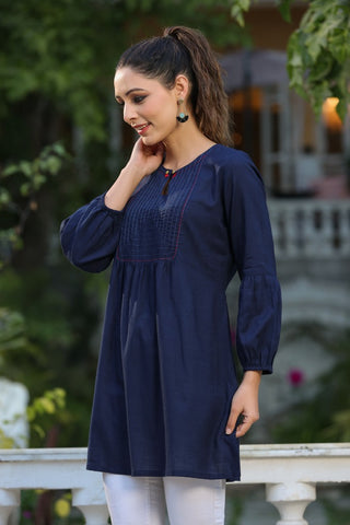 Women Navy Blue Solid Embroidered & Thread Work Cotton A line Kurti