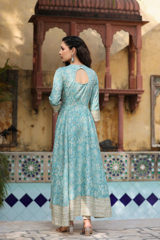 Women Sea Green Ethnic Motifs Printed Pure Cotton Anarkali Kurta