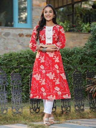 Women Red Floral Printed Straight Kurta