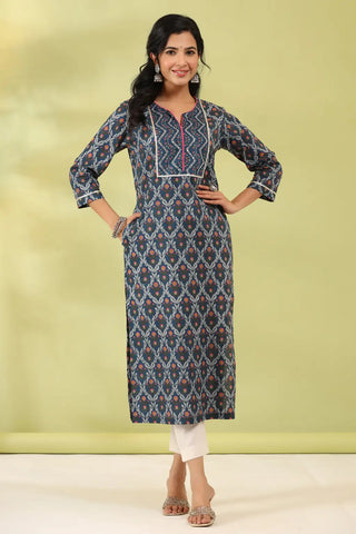 Women Blue Ethnic Printed Gotta Patti Straight Kurta