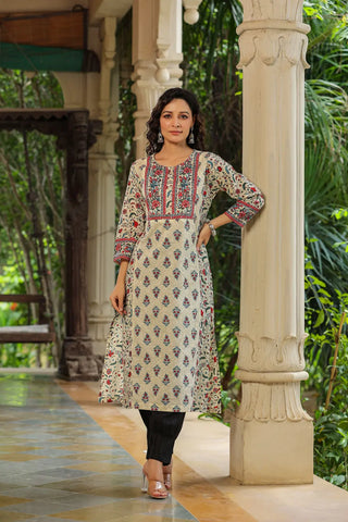 Women Cream Mix & Match Printed Panelled A-line Kurta