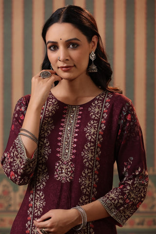 Women Wine Digital Printed Mirror Work Straight Kurta