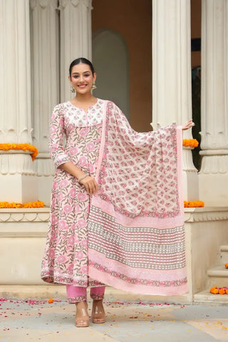 Women Pink Floral Printed Pure Cotton Anarkali Kurta Set