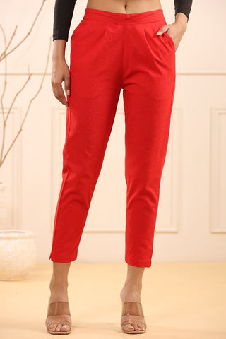 Stylish Red Cotton Pleated Cigarette Trousers