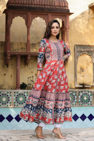 Women Red Floral Printed Pure Cotton Anarkali Kurta