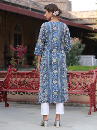 Women Blue Ethnic Motifs Printed Straight Kurta