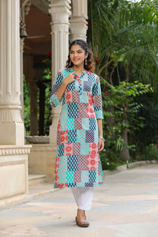 Women Blue Patch Printed A-line Kurti