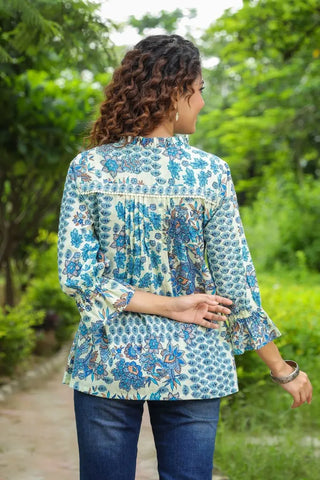 Women Blue Floral Ruffle Sleeve Top