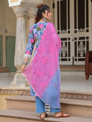 Blue Floral Print Lace 3-Piece Kurta Set