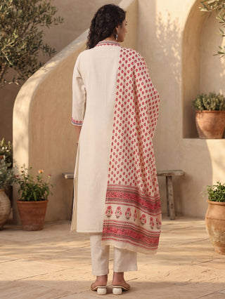 Off-White Cotton Straight Kurta Set with Red Embroidery