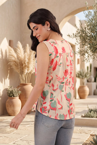 Cream Ethnic Motif Print Katha Work Top