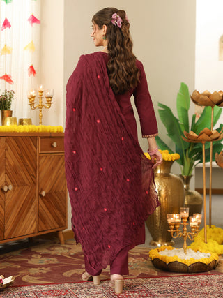 Wine Floral Embroidered Cotton Straight Kurta Set