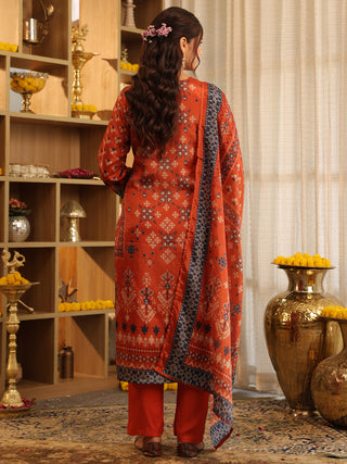 Rust Ikat Print Chanderi Straight Kurta Set