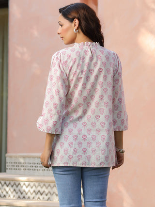 White Ethnic Motif Print Ruffle Top