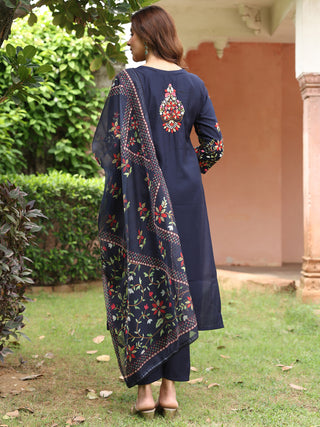 Navy Blue Floral Embroidered 3-Piece Straight Kurta Set