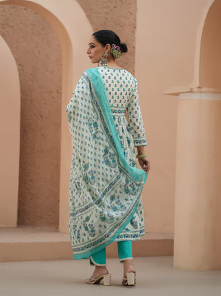 Women Teal Floral Printed Pure Cotton A-line Kurta With Solid Trouser And With Printed Dupatta