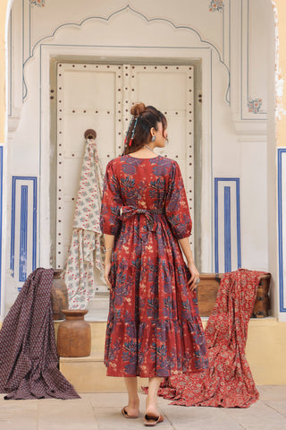 Printed V-Neck Fit and Flare Ethnic Dresses