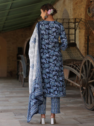 Women Navy Blue Floral Printed Pure Cotton Straight Kurta With Printed Trouser And Dupatta