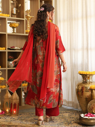 Maroon Floral Chanderi A-Line Kurta Set with Pocket