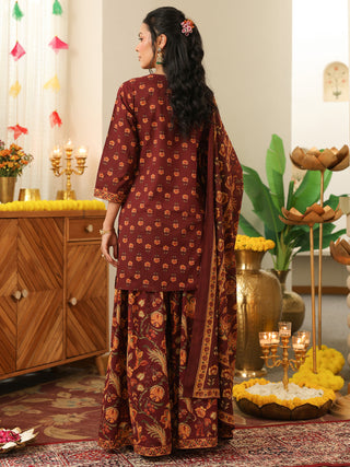 Brown Floral Print Cotton Straight Kurta Set