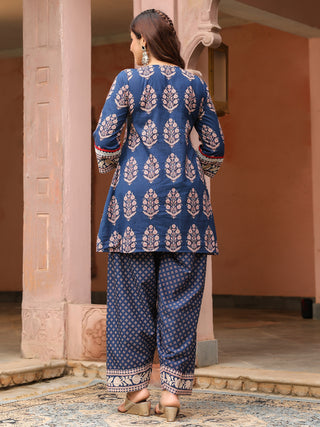 Navy Blue Mughal Print Straight 2-Piece Kurta Set