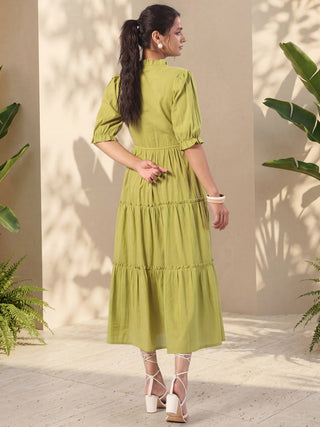 Olive Green Solid Flared Midi Dress with V-Neck Mandarin Collar