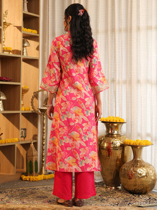 Fuchsia Pink Floral Print A-Line Kurta Set with Pocket