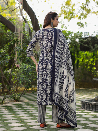 Women Navy Blue Ikat Printed Pure Cotton Straight Kurta With Printed Trouser And Printed Dupatta