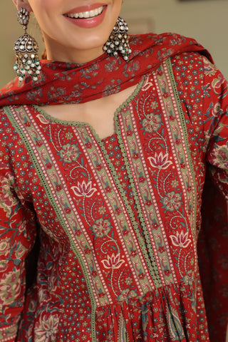 Women Ethnic Motifs Printed Pleated Pure Cotton Kurta with Trousers & With Dupatta